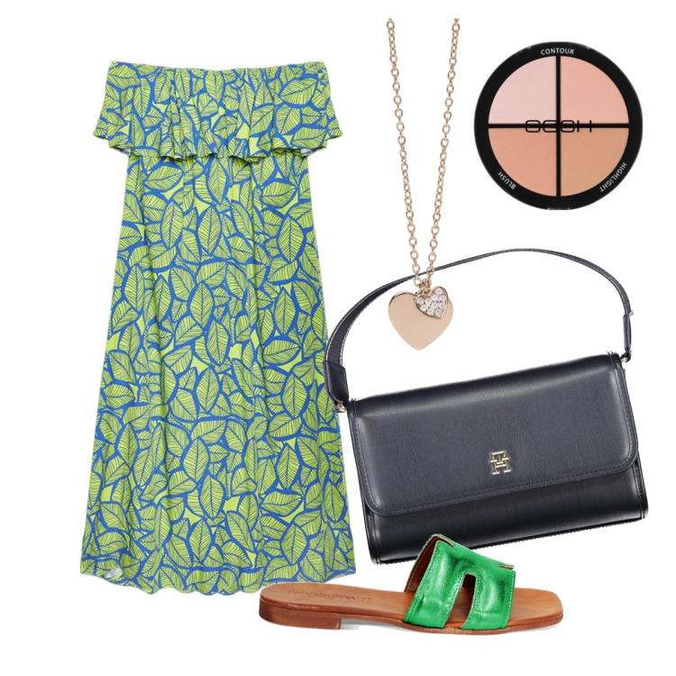 Outfit donna - Festa in spiaggia. Stile Chic per Serata fuori. Abbinamento con terre, ciondoli, sandali in pelle, vestiti lunghi, borse a spalla.