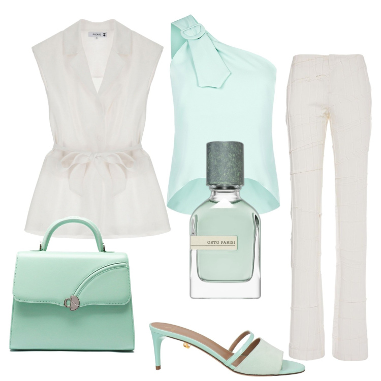 Outfit donna - Chic. Stile Chic per Cerimonia. Abbinamento con sandali in pelle, profumi, gilet, top, pantaloni, borse a mano.