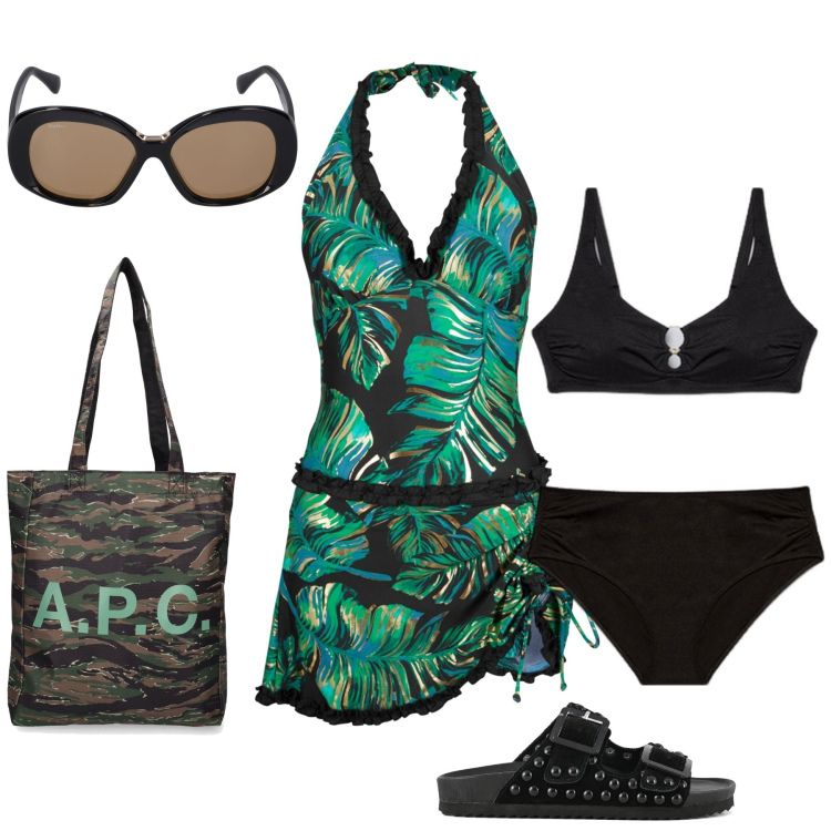 Outfit donna - Finalmente al mare. Stile Etnico per Mare. Abbinamento con vestiti da spiaggia, bikini, sandali, occhiali da sole, shopping bag.