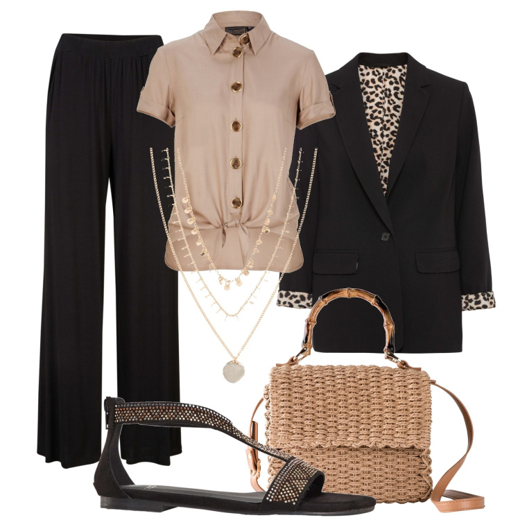 Outfit donna - Una serata d’estate. Stile Glamour per Serata fuori. Abbinamento con pantaloni, blazer, collane, camicie, borse a mano, sandali.