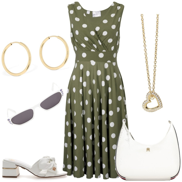 Outfit donna - Pois. Stile Bon Ton per Tutti i giorni. Abbinamento con vestiti, collane, ciabatte, borse a tracolla, occhiali da sole, orecchini.