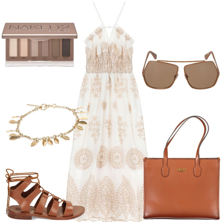 Outfit donna - In vacanza. Stile Boho per Tutti i giorni. Abbinamento con ombretti, vestiti lunghi, sandali in pelle, occhiali da sole, borse a spalla, braccialetti.