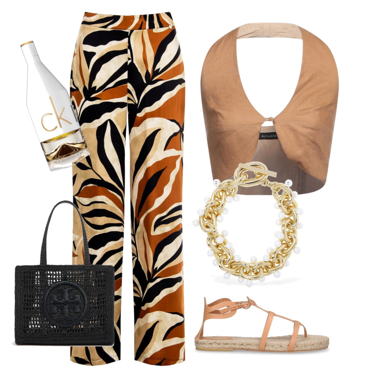 Outfit donna - Total look #1911901. Stile Urban per Serata fuori. Abbinamento con top, profumi, pantaloni a palazzo, collane, sandali in pelle, shopping bag.