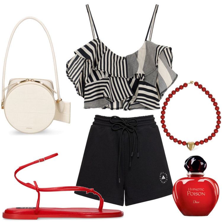 Outfit donna - Short. Stile Casual per Tutti i giorni. look ideale per Petite. Abbinamento con profumi, top, sandali in pelle, collane, borse a spalla, shorts.