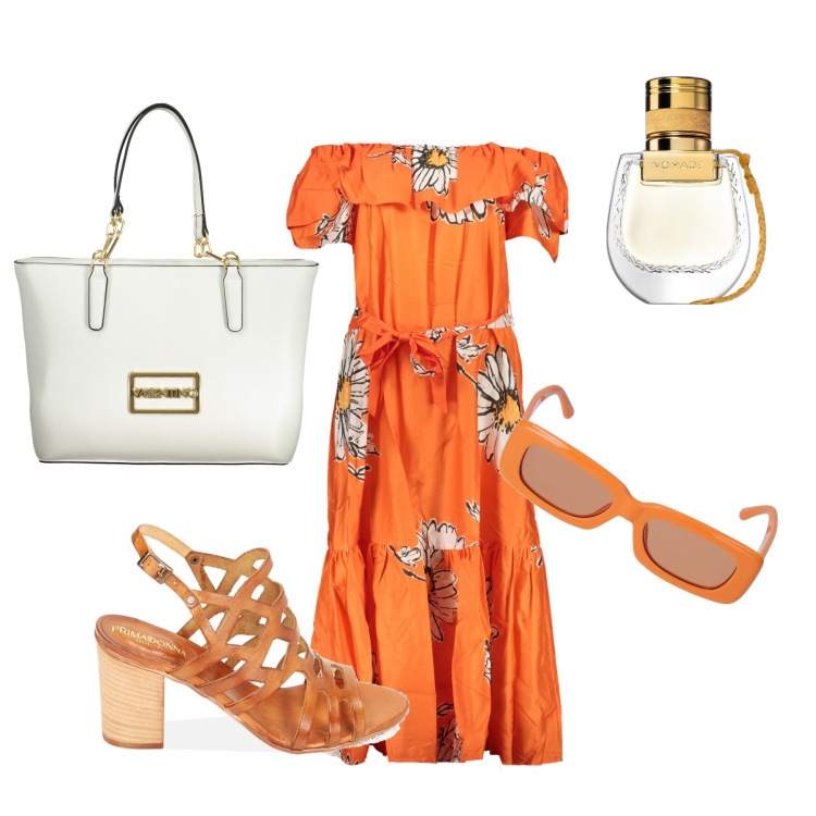 Outfit donna - arancio e fiori. Stile Romantica per Mare. Abbinamento con profumi, sandali col tacco, vestiti lunghi, occhiali da sole, borse a spalla.