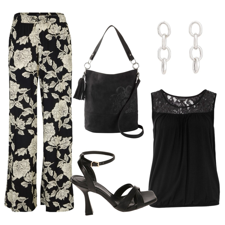 Outfit donna - Pantalone fiorato. Stile Casual chic per Tutti i giorni. Abbinamento con pantaloni a palazzo, top, borse a mano, sandali col tacco, orecchini.