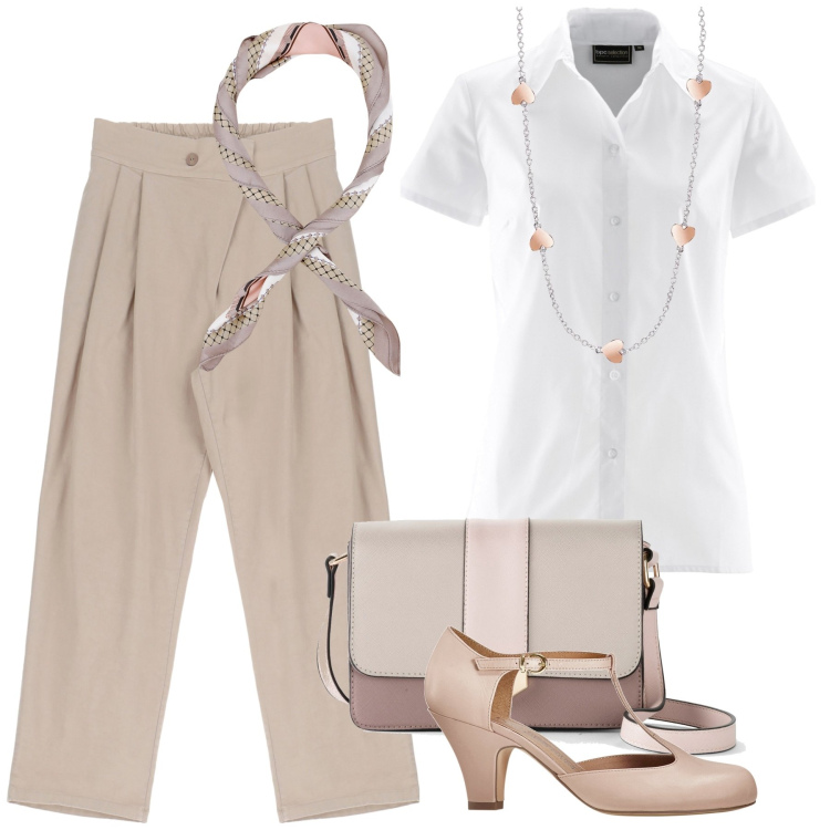 Outfit donna - Total look #1911968. Stile Casual chic per Ufficio. Abbinamento con camicie a manica corta, borse a tracolla, décolleté, collane, pantaloni, foulard.