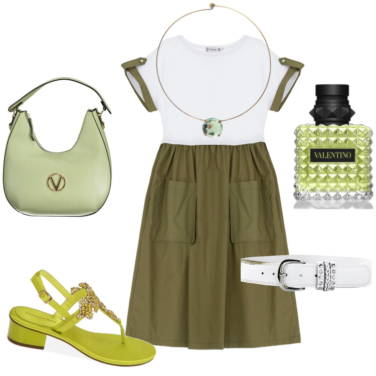 Outfit donna - Total look #1911996. Stile Casual per Tutti i giorni. Abbinamento con cinture, profumi, vestiti lunghi, ciabatte, ciondoli, borse a spalla.