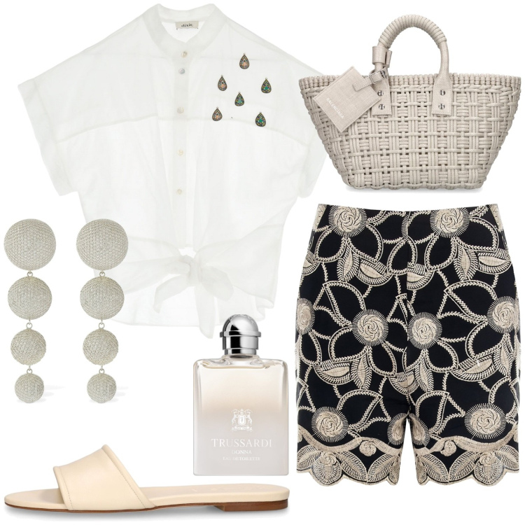 Outfit donna - Short in pizzo. Stile Casual chic per Tutti i giorni. Abbinamento con profumi, shorts, camicie a manica corta, sandali in pelle, orecchini, borse a mano.