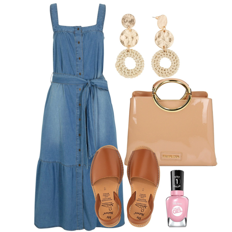 Outfit donna - Bretelle denim. Stile Bon Ton per Tutti i giorni. Abbinamento con vestiti, orecchini, smalti, borse a mano, sandali in pelle.