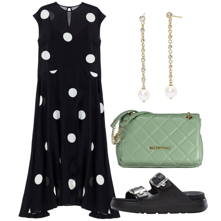 Outfit donna - Pois bon ton. Stile Bon Ton per Tutti i giorni. Abbinamento con ciabatte, orecchini, vestiti lunghi, borse a spalla.