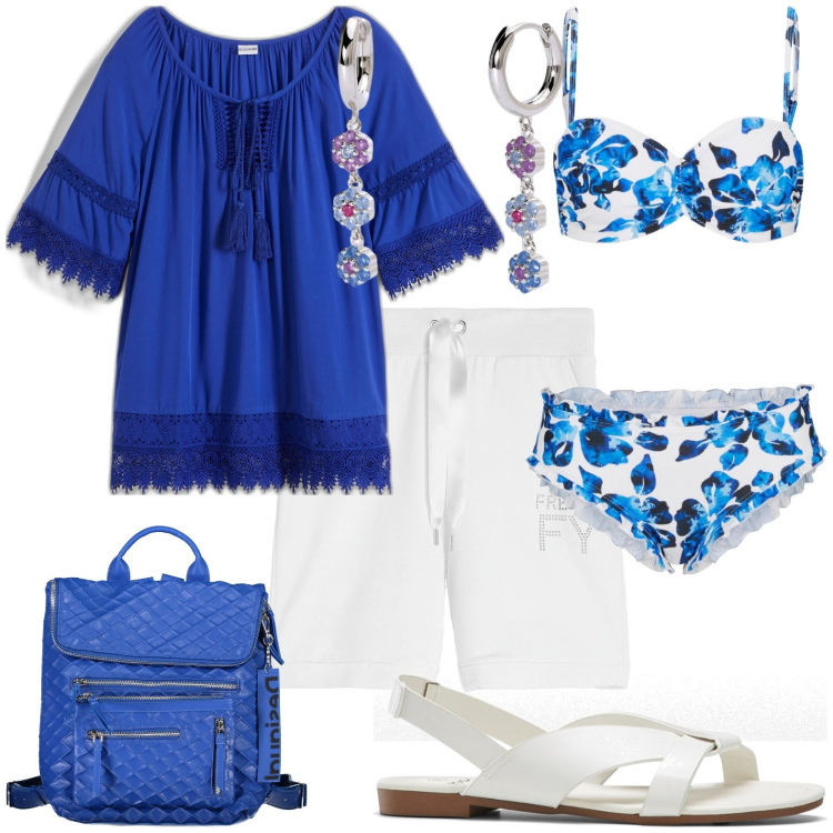 Outfit donna - Mare. Stile Casual per Tutti i giorni. Abbinamento con sandali, bikini, tuniche, orecchini, pantaloni corti, zaini.