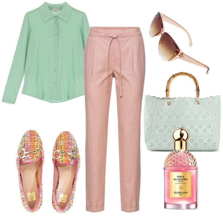 Outfit donna - Pastello con i mocassini vivaci !. Stile Trendy per Tutti i giorni. Abbinamento con pantaloni, occhiali da sole, borse a mano, profumi, camicie, mocassini.