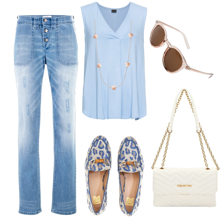Outfit donna - I jeans denim used con glamour. Stile Casual chic per Tutti i giorni. Abbinamento con jeans boyfriend, occhiali da sole, top, collane, borse a tracolla, mocassini.