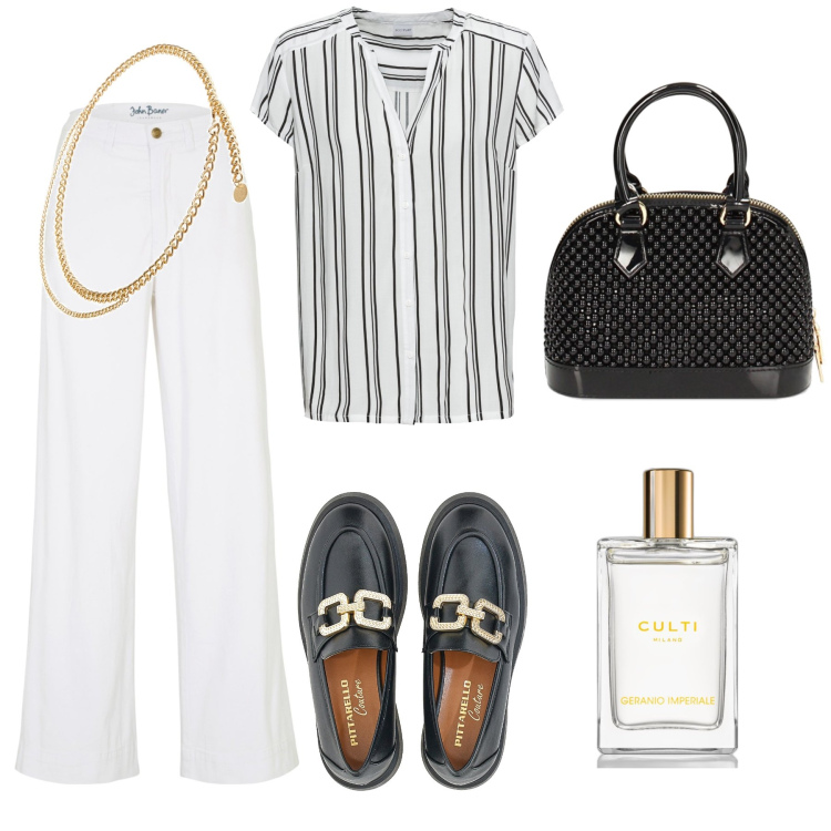 Outfit donna - Ufficio d’estate pensando a Parigi. Stile Vintage retrò per Ufficio. Abbinamento con jeans, camicie a manica corta, cinture, profumi, borse a mano, mocassini.