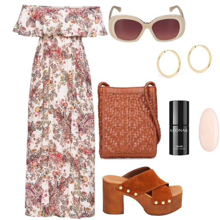 Outfit donna - Giornata estiva. Stile Romantica per Tutti i giorni. Abbinamento con vestiti lunghi, smalti, sandali col tacco, orecchini, occhiali da sole, borse a spalla.