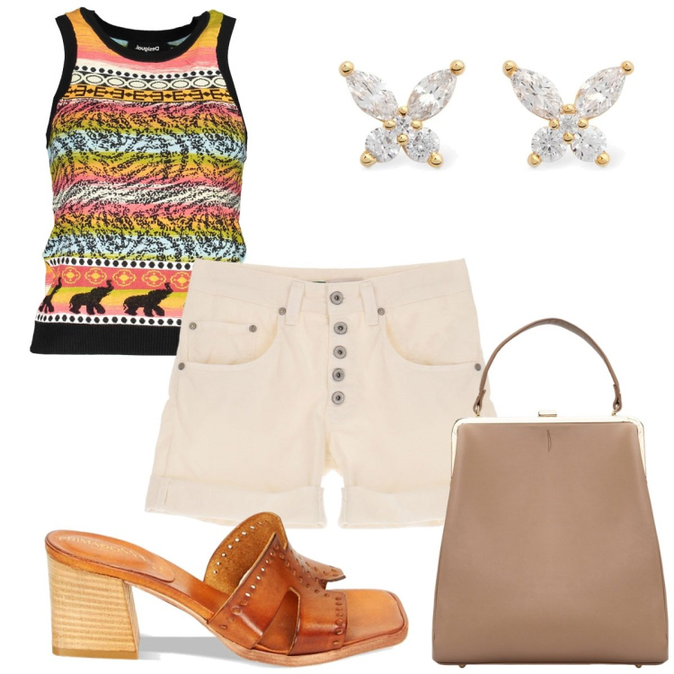 Outfit donna - Total look #1912062. Stile Trendy per Tutti i giorni. Abbinamento con shorts, sandali col tacco, borse a spalla, canottiere, orecchini.