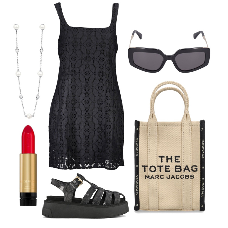 Outfit donna - Ghost outfitter - luglio. Stile Casual chic per Tutti i giorni. Abbinamento con rossetti, collane, sandali, vestiti corti, occhiali da sole, borse tote.