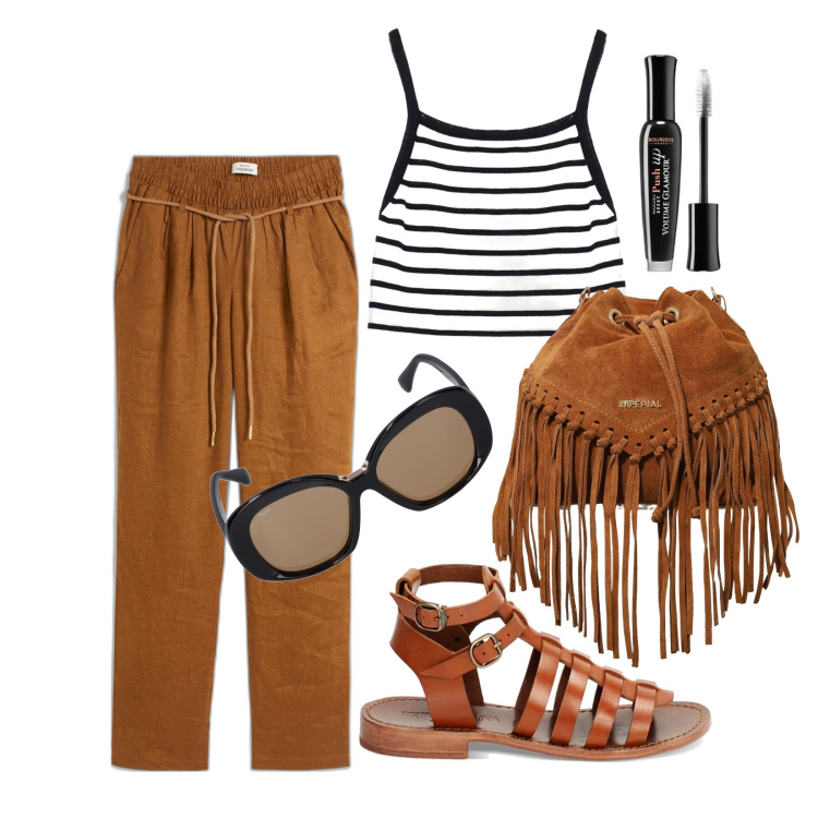 Outfit donna - Ghost outfitter - luglio. Stile Casual per Tutti i giorni. Abbinamento con pantaloni, mascara, borse a secchiello, sandali, top, occhiali da sole.