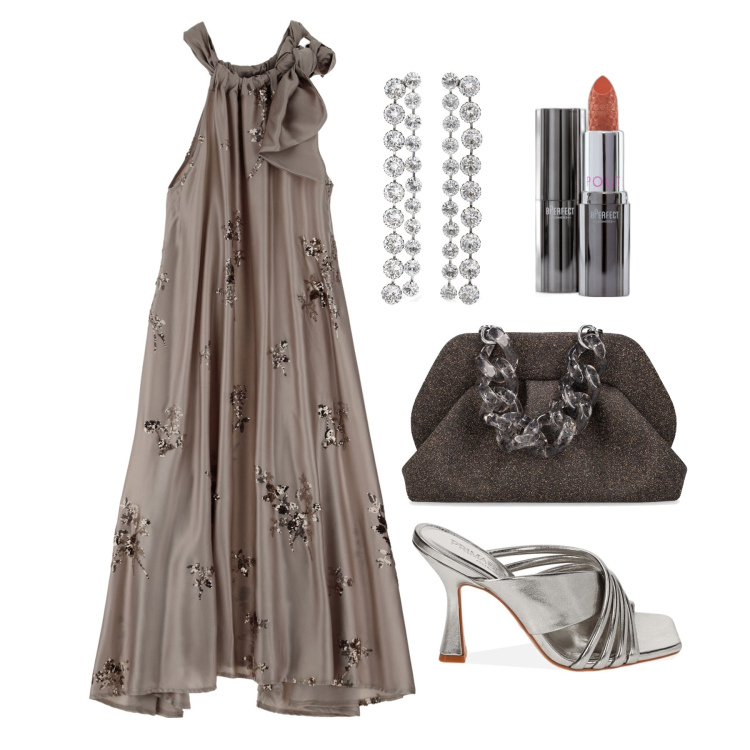 Outfit donna - Ghost outfitter - luglio. Stile Trendy per Cerimonia. Abbinamento con rossetti, pantofole, vestiti lunghi, orecchini, pochette.