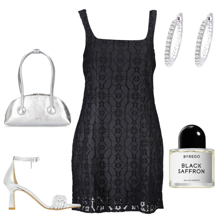 Outfit donna - Lace slip dress. Stile Glamour per Serata fuori. Abbinamento con profumi, orecchini, décolleté, vestiti corti, borse a spalla.