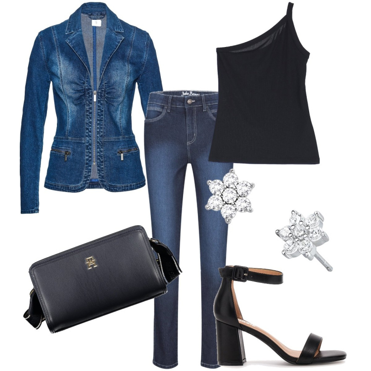 Outfit donna - Il completo in denim. Stile Sexy per Serata fuori. Abbinamento con jeans skinny, blazer, orecchini, top, sandali col tacco, borse a tracolla.