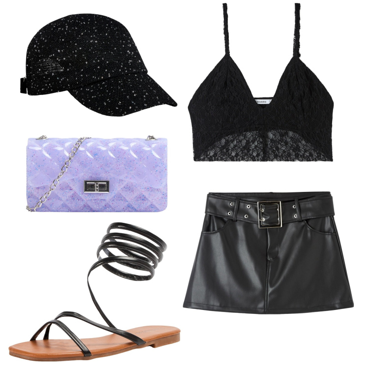 Outfit donna - Terranova saldi. Stile Sexy per Serata fuori. Abbinamento con borse a tracolla, top, minigonne, sandali, cappelli.
