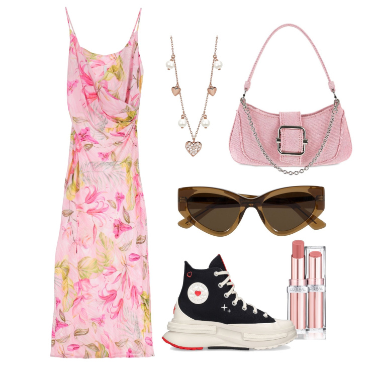 Outfit donna - Ghost outfitter - luglio. Stile Romantica per Tutti i giorni. Abbinamento con rossetti, collane, vestiti lunghi, sneakers, occhiali da sole, borse a spalla.