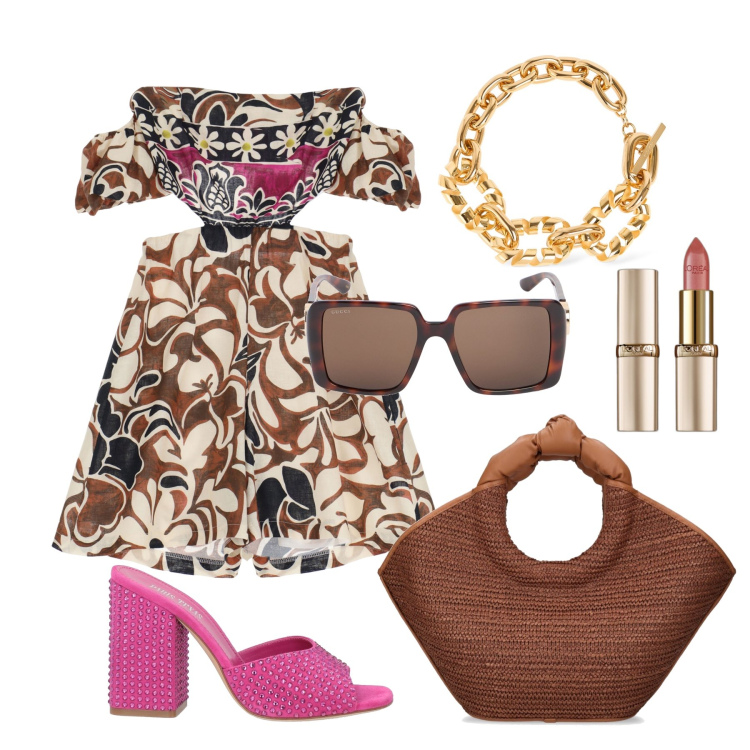 Outfit donna - Ghost outfitter - luglio. Stile Trendy per Tutti i giorni. Abbinamento con sandali in pelle, rossetti, tute, borse a mano, occhiali da sole, collane.