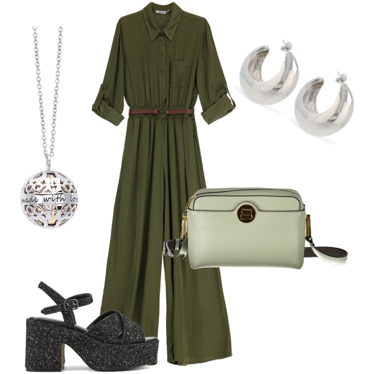 Outfit donna - La jumpsuit verde. Stile Trendy per Serata fuori. Abbinamento con tute, collane, sandali, orecchini, borse a tracolla.