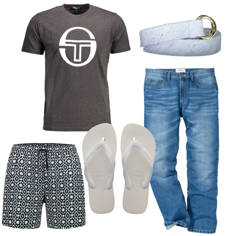 Outfit uomo - Un salto in spiaggia. Stile Casual per Mare. Abbinamento con jeans dritti, t-shirt, sandali, cinture, costumi.