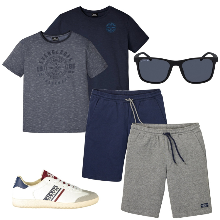 Outfit uomo - Doppia coppia. Stile Casual per Sport. Abbinamento con t-shirt, bermuda, sneakers, occhiali da sole.