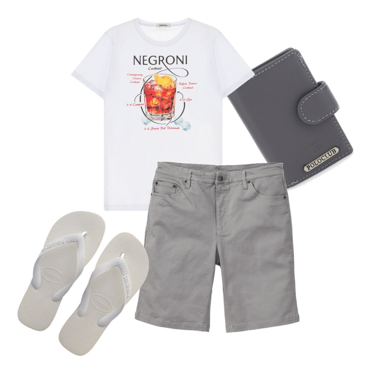 Outfit uomo - Un buon Negroni. Stile Casual per Mare. Abbinamento con bermuda, t-shirt, portafogli, sandali.