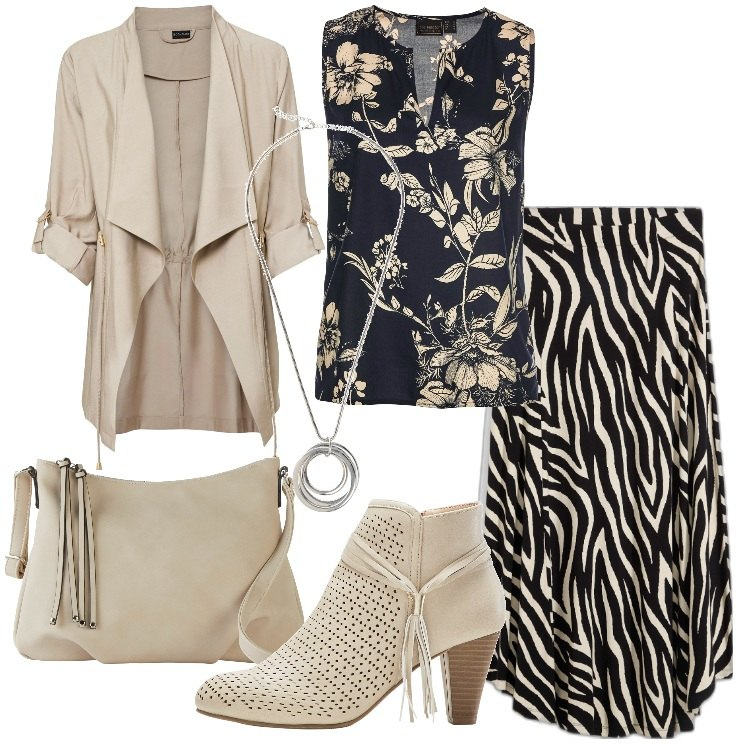 Outfit donna - Zebra & color: essentials estivi. Stile Trendy per Tutti i giorni. Abbinamento con top, gonne, blazer, stivaletti, collane, borse a tracolla.
