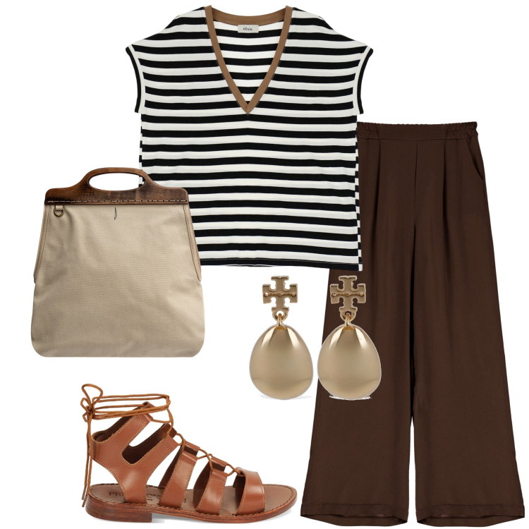 Outfit donna - In ufficio. Stile Casual per Ufficio. Abbinamento con t-shirt, pantaloni a palazzo, sandali in pelle, borse a tracolla, orecchini.