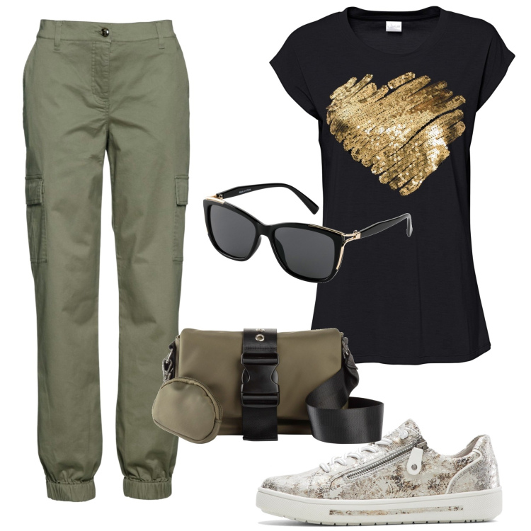 Outfit donna - Street style. Stile Urban per Tutti i giorni. Abbinamento con pantaloni cargo, maglieria, sneakers, borse a tracolla, occhiali da sole.