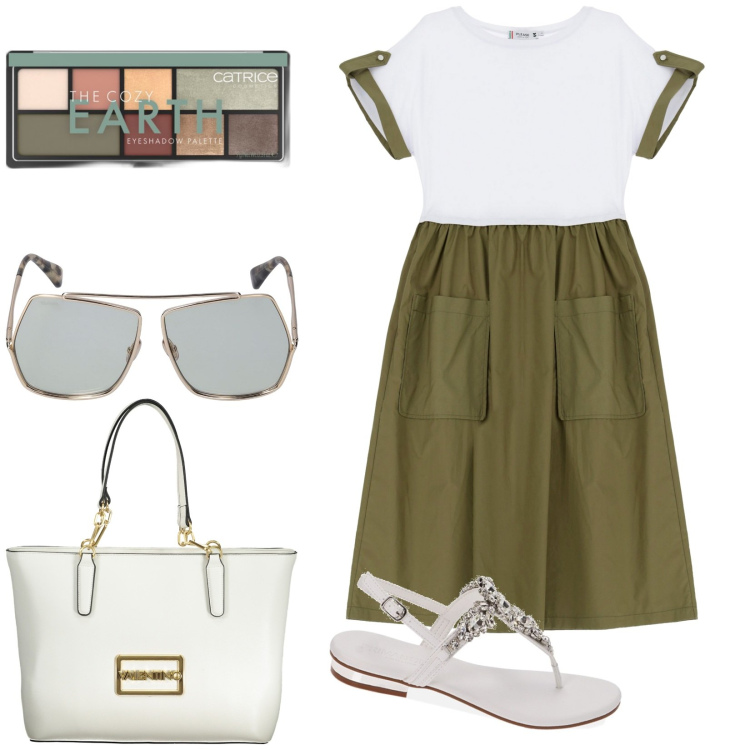 Outfit donna - L\' abito per tutti i giorni. Stile Casual per Tutti i giorni. Abbinamento con ombretti, vestiti lunghi, ciabatte, occhiali da sole, borse a spalla.