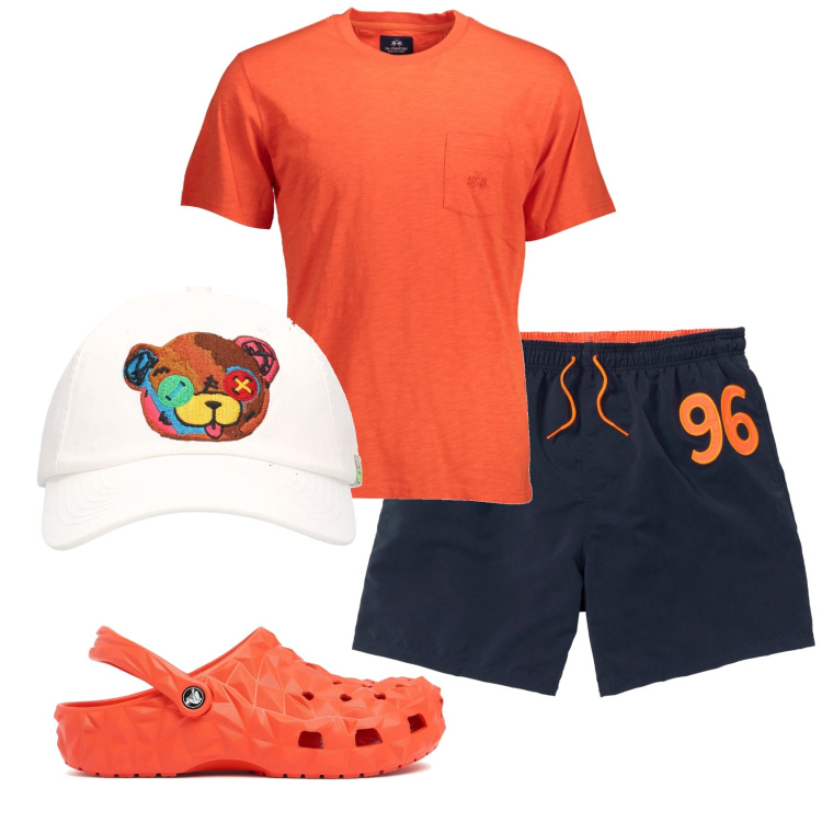 Outfit uomo - Total look #1912195. Stile Casual per Mare. Abbinamento con pantaloni corti, t-shirt, cappelli, sandali.