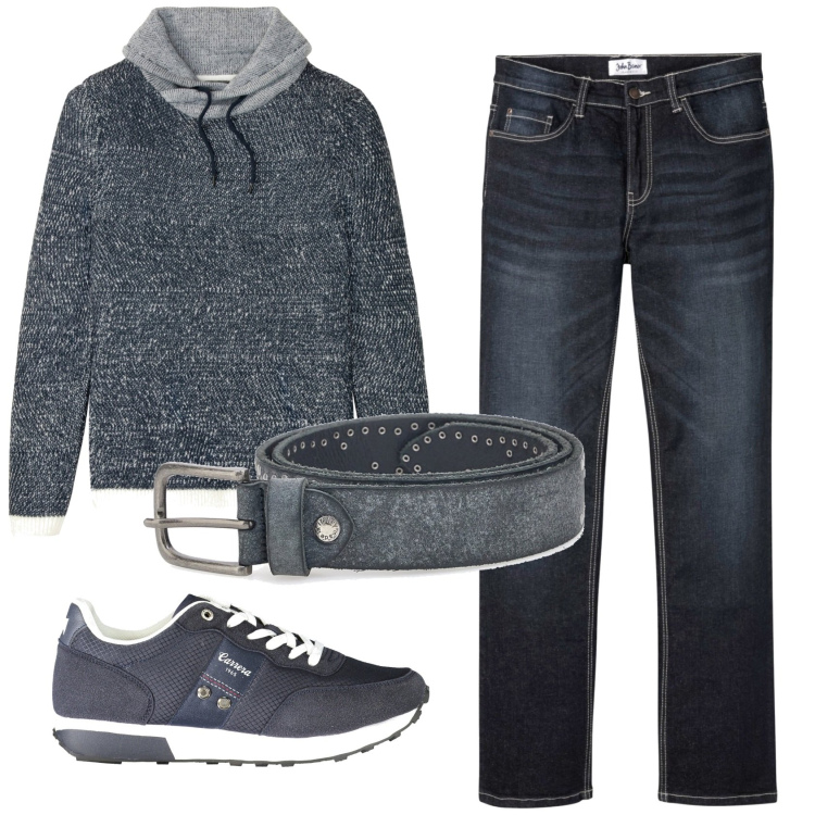 Outfit uomo - Total look #1912215. Stile Casual per Ufficio. Abbinamento con maglieria, jeans bootcut, cinture, sneakers.