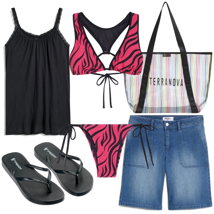 Outfit donna - Freddy beach. Stile Casual per Mare. Abbinamento con top, bermuda, shopping bag, bikini, bikini, infradito.
