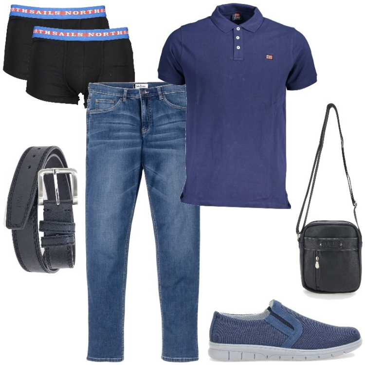 Outfit uomo - In blu. Stile Casual per Ufficio. Abbinamento con jeans, sneakers, portafogli, cinture, polo, boxer.