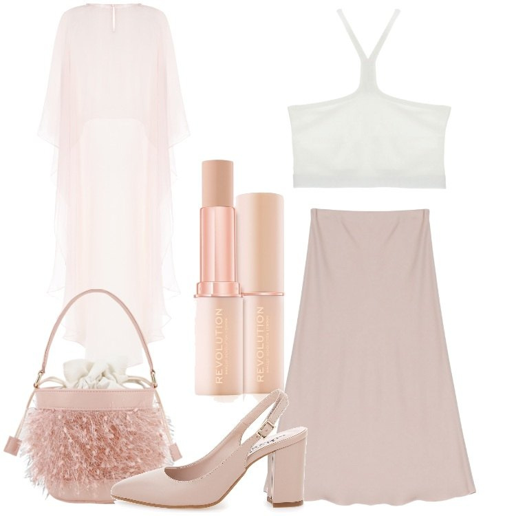 Outfit donna - Eterea. Stile Chic per Cerimonia. Abbinamento con fondotinta, top, blazer, gonne, borse a secchiello, décolleté.