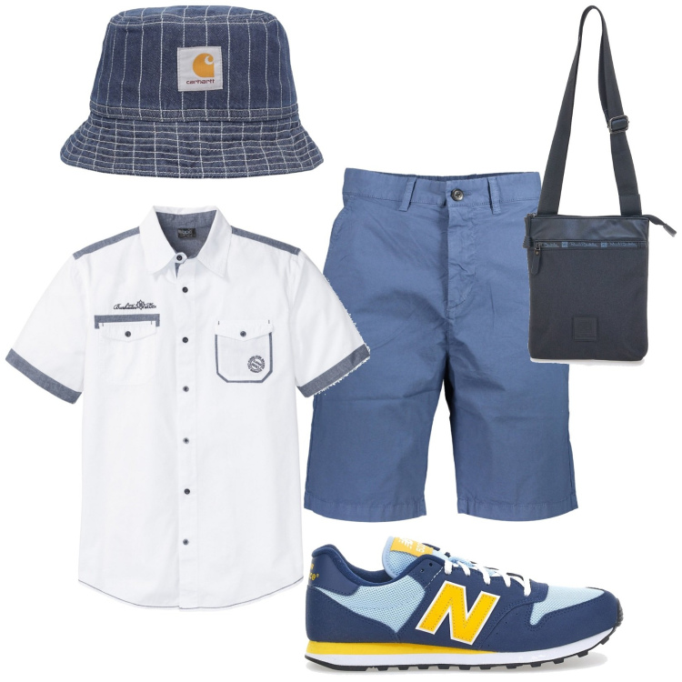 Outfit uomo - Vita da turista. Stile Casual per Tutti i giorni. Abbinamento con camicie a manica corta, portafogli, bermuda, cappelli, sneakers.