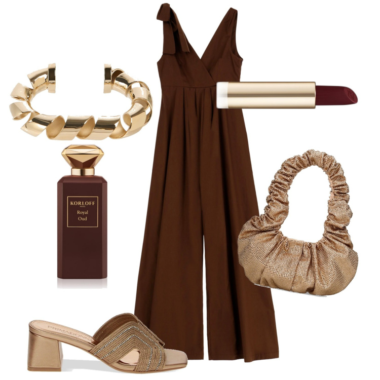 Outfit donna - Bronze. Stile Trendy per Serata fuori. Abbinamento con profumi, rossetti, pantofole, tute, borse a spalla, braccialetti.