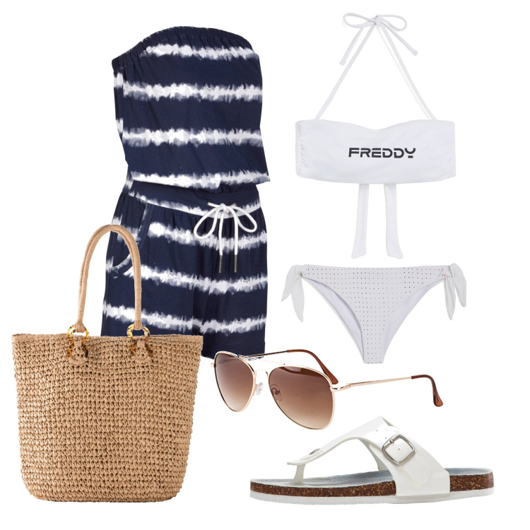 Outfit donna - Ghost outfitter - luglio. Stile Casual per Mare. Abbinamento con infradito, occhiali da sole, tuta corta, shopping bag, bikini, bikini.
