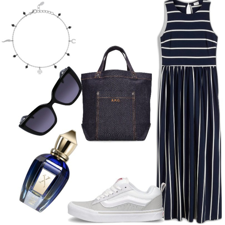Outfit donna - Sportiva con stile. Stile Casual per Tutti i giorni. Abbinamento con vestiti lunghi, profumi, braccialetti con ciondoli, sneakers, shopping bag, occhiali da sole.