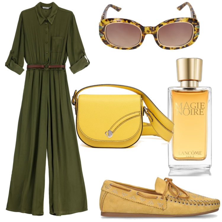 Outfit donna - Tutto in saldo. Stile Urban per Ufficio. Abbinamento con profumi, tute, occhiali da sole, borse a tracolla, mocassini.