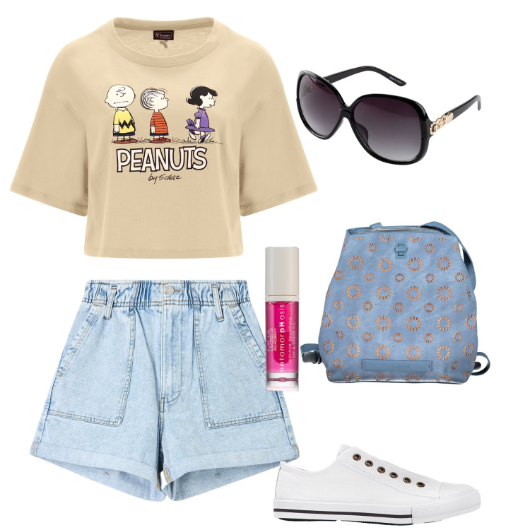 Outfit donna - Fashion girls. Stile Trendy per Tutti i giorni. Abbinamento con sneakers, occhiali da sole, gloss, shorts, t-shirt, zaini.