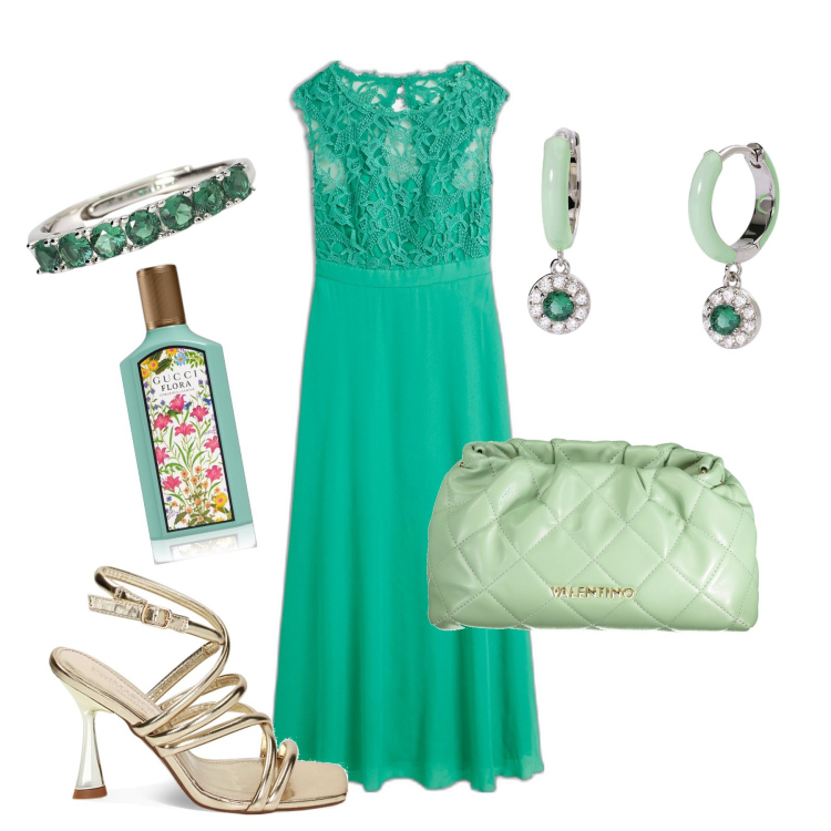 Outfit donna - cerimonia in verde. Stile Romantica per Cerimonia. Abbinamento con vestiti lunghi, profumi, orecchini, anelli, sandali col tacco, borse a spalla.