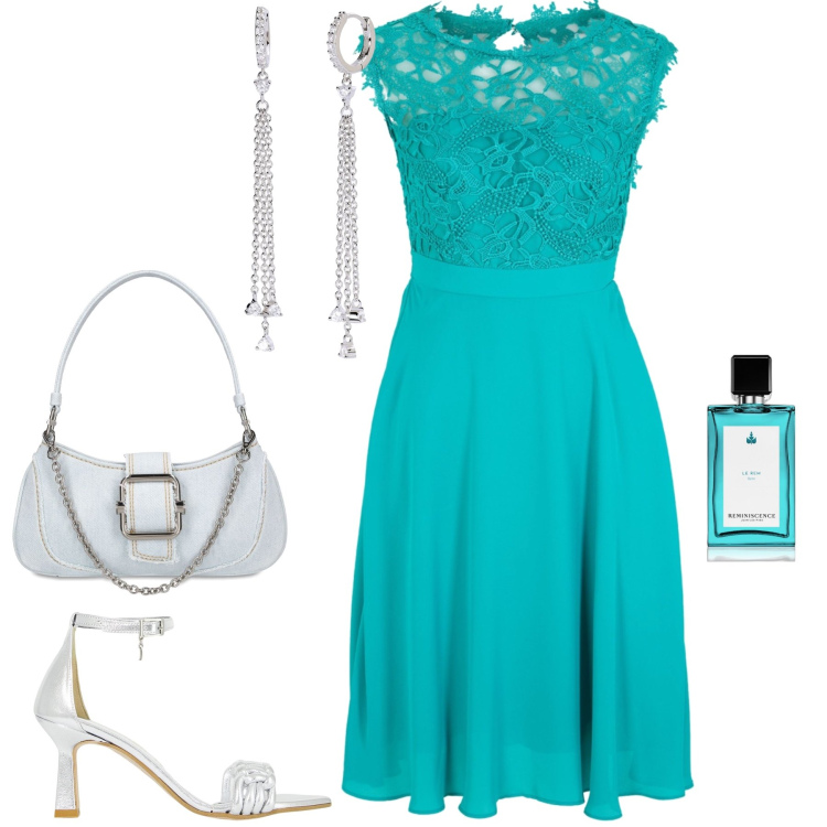 Outfit donna - Cerimonia in turchese. Stile Chic per Cerimonia. Abbinamento con vestiti, profumi, orecchini, décolleté, borse a spalla.